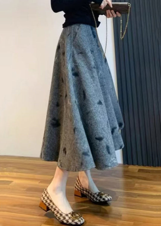 Jupe grise brodée taille haute en laine Nouveau printemps