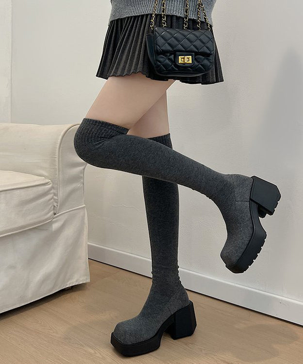 New Grey Knit Fabric Chic Splicing Chunky Heel Knee Boots QK067