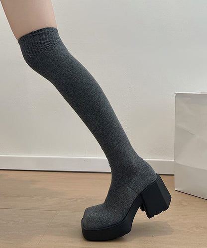 New Grey Knit Fabric Chic Splicing Chunky Heel Knee Boots QK067