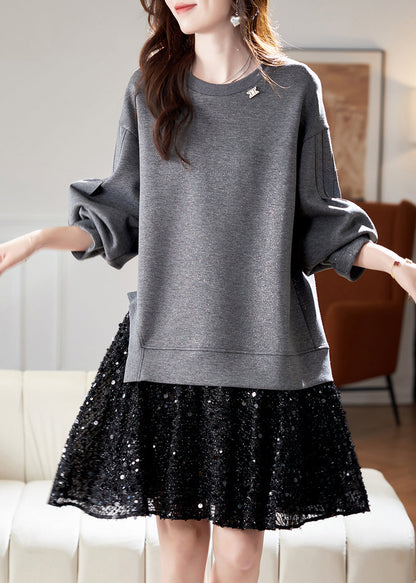 New Grey O Neck Sequins Patchwork Cotton Dress Spring RL025