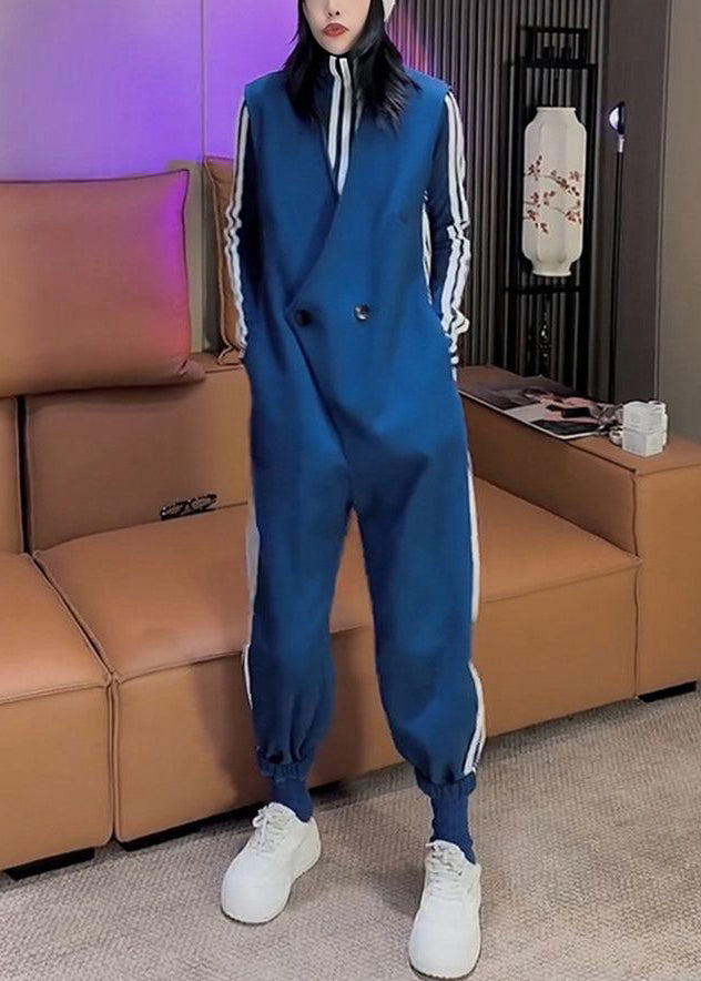 New Grey Striped Button Tops And Jumpsuit Cotton Two Pieces Set Spring YW029