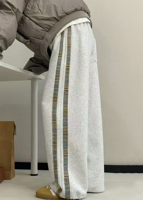 New Grey Striped Pockets Warm Fleece Men Wide Leg Pants Spring RM057