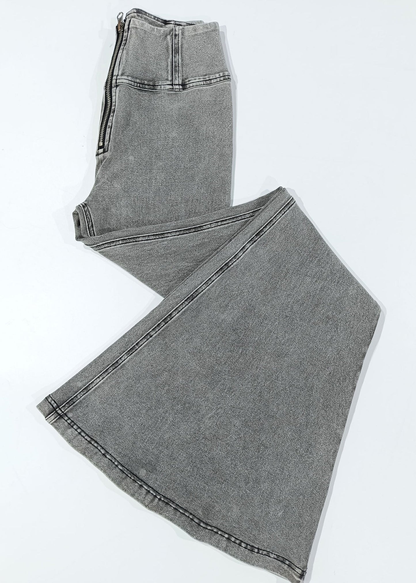 Nouveau pantalon évasé en tricot taille haute à fermeture éclair gris pour l'été KK002