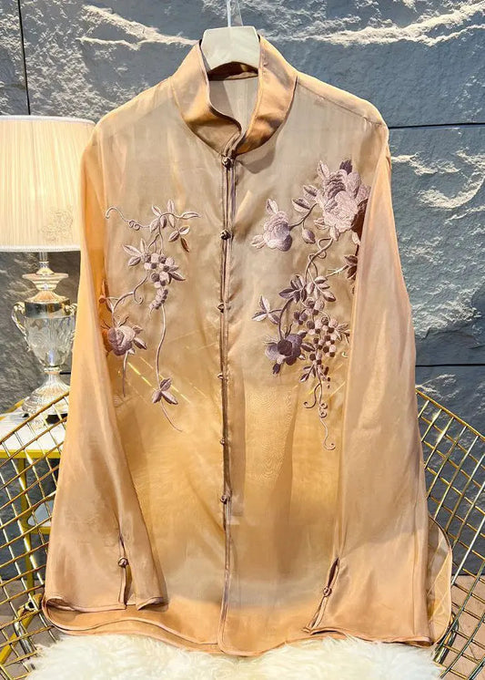 New Khaki Embroidered Button Tulle Blouses Long Sleeve Ada Fashion