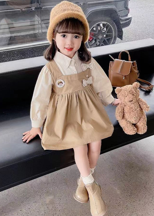 New Khaki Peter Pan Collar False Two Pieces Cotton Girls Dress Long Sleeve XZ023