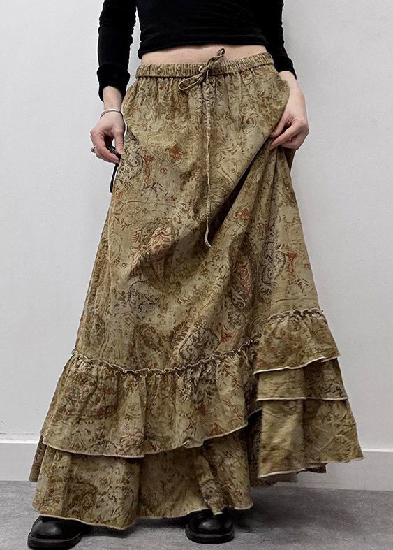 Neu Baumwolle Rüschen Elastische Khaki Taille Sommer Maxi Röcke