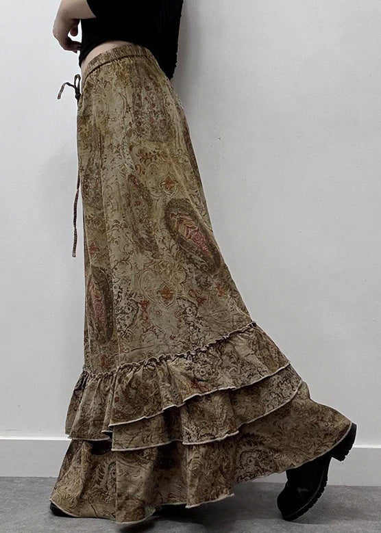 Neu Baumwolle Rüschen Elastische Khaki Taille Sommer Maxi Röcke