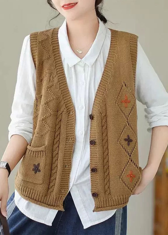 New Khaki V Neck Embroideried Knit Vest Sleeveless QA036