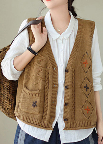 New Khaki V Neck Embroideried Knit Vest Sleeveless QA036