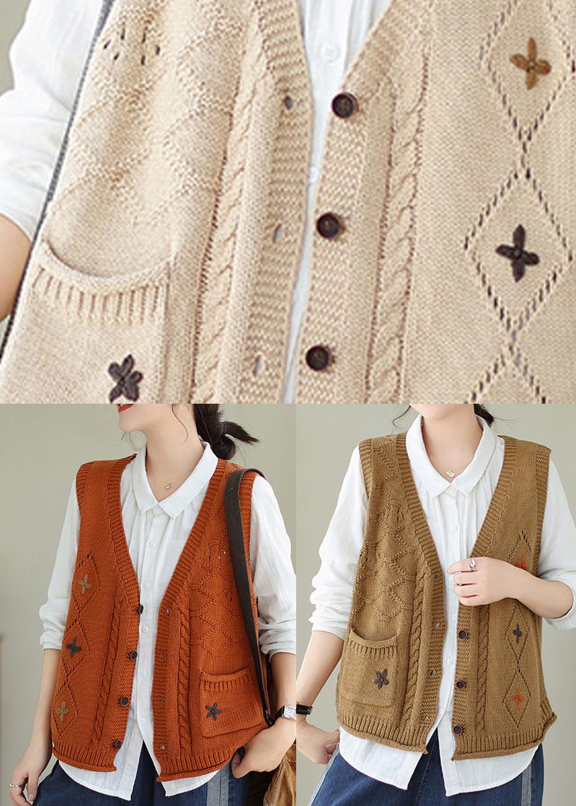 New Khaki V Neck Embroideried Knit Vest Sleeveless QA036