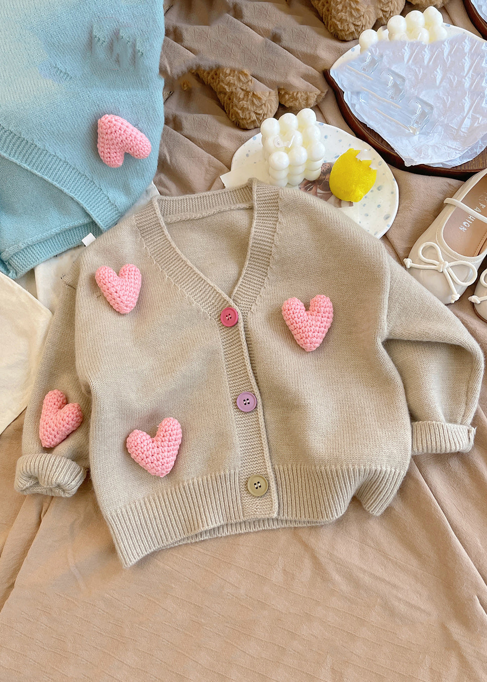 New Khaki V Neck Love Cotton Knit Girls Cardigan Winter WL050