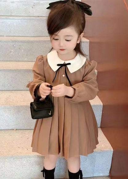 New Khaki Wrinkled Solid Cotton Girls Dresses Fall XZ078