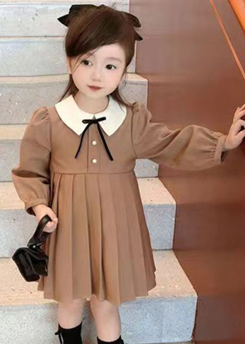 New Khaki Wrinkled Solid Cotton Girls Dresses Fall XZ078