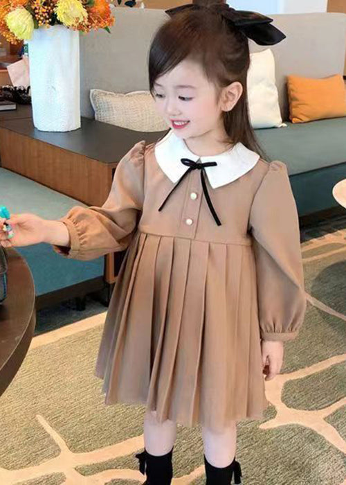 New Khaki Wrinkled Solid Cotton Girls Dresses Fall XZ078