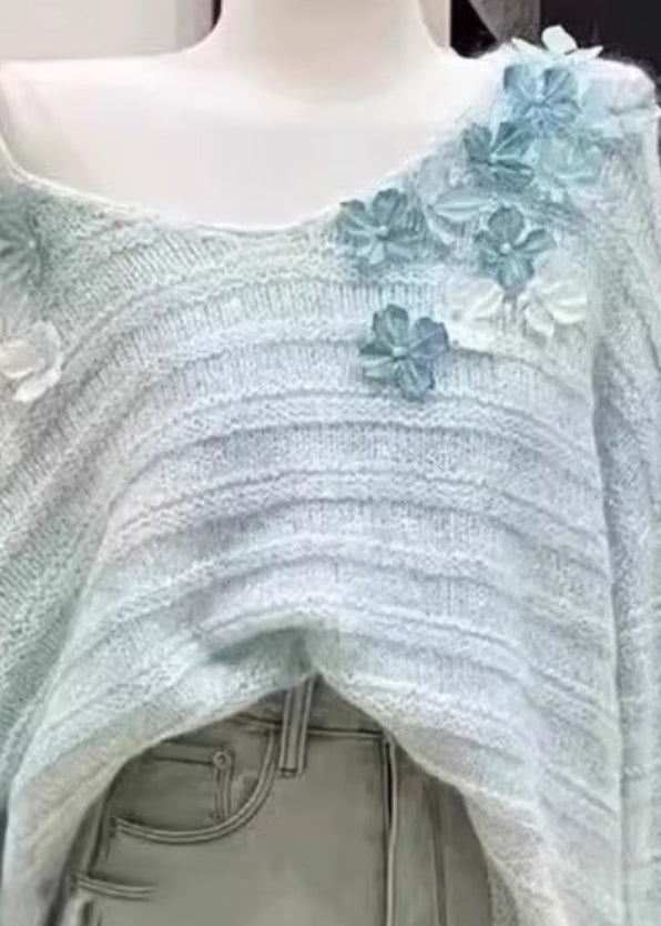 New Light Blue Cold Shoulder Floral Knit Sweaters Winter WK011