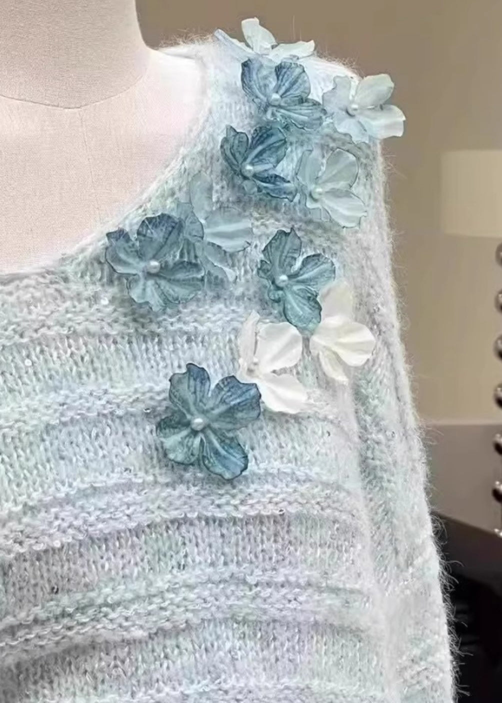 New Light Blue Cold Shoulder Floral Knit Sweaters Winter WK011