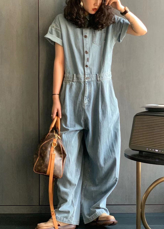 New Light Blue Peter Pan Collar Button Pockets Denim Jumpsuit Summer MN077