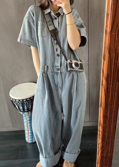 New Light Blue Peter Pan Collar Button Pockets Denim Jumpsuit Summer MN077