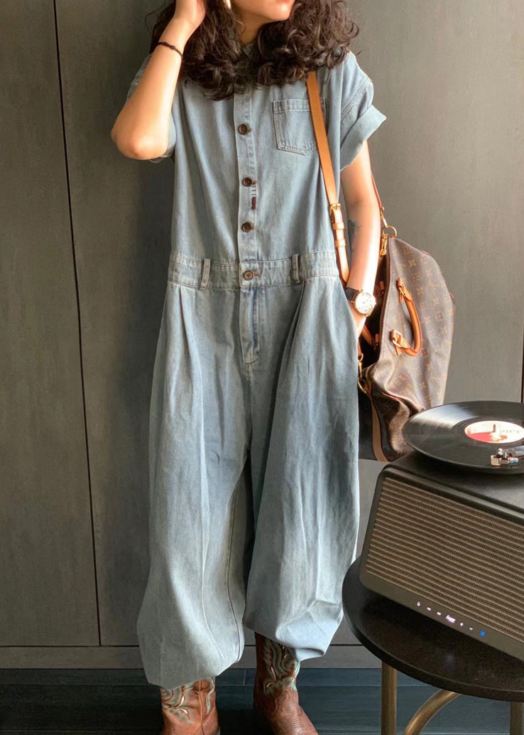 Neuer hellblauer Peter-Pan-Kragen, Knopftaschen, Jeans-Overall für den Sommer, MN077