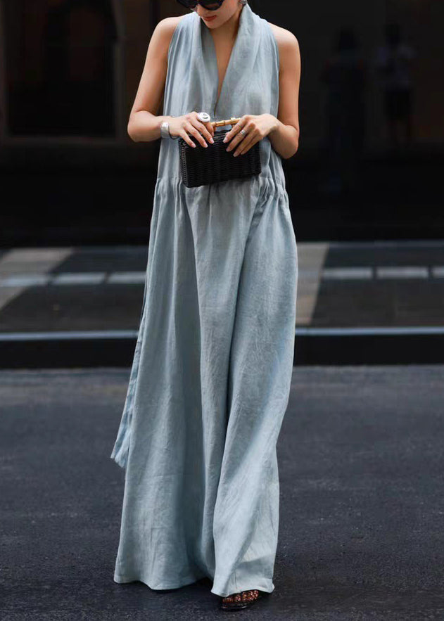 Solid Blue Tie Waist Robe Light Linen Pockets Dresses New