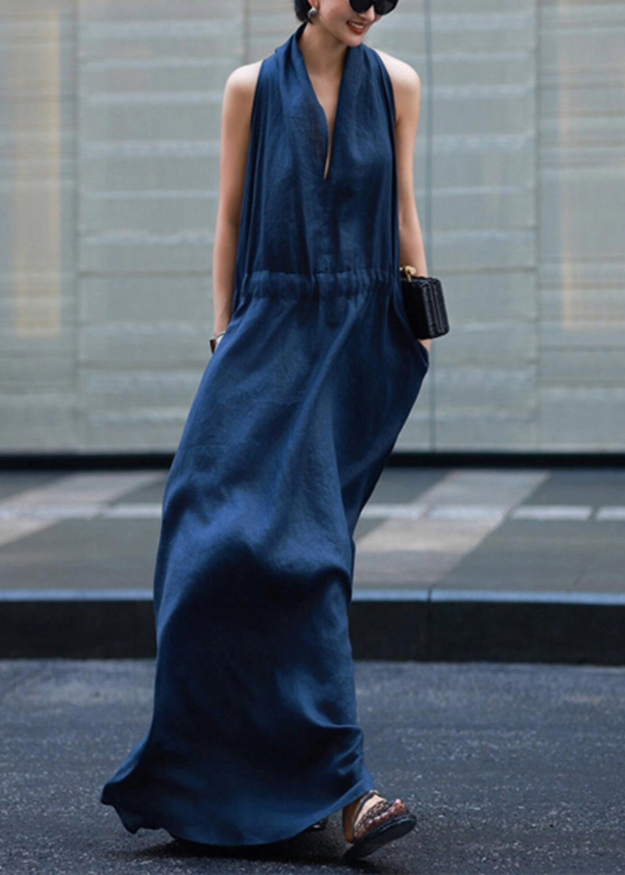 Solid Blue Tie Waist Robe Light Linen Pockets Dresses New