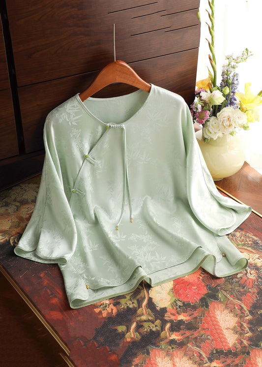 New Light Green O-Neck Button Silk Blouses Bracelet Sleeve GG007