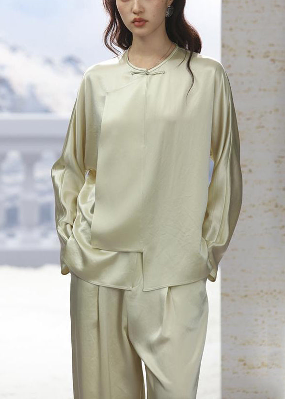 New Light Green O-Neck Button Silk Pajamas Two-Piece Set Long Sleeve Ada Fashion