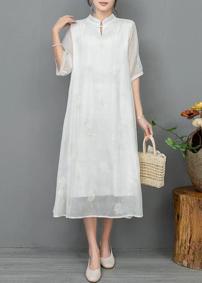 New Light Green Stand Collar Embroidered Linen Dress Half Sleeve JH033