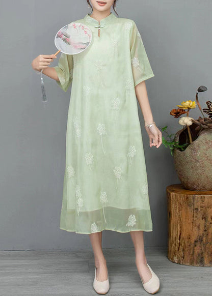 New Light Green Stand Collar Embroidered Linen Dress Half Sleeve JH033