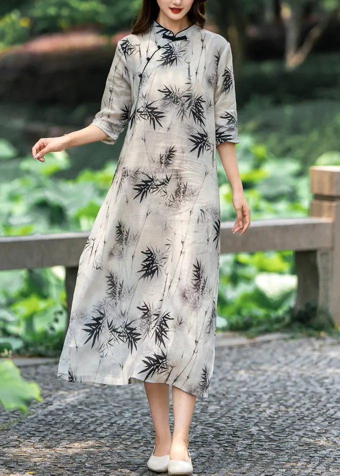 New Light Grey Stand Collar Button Print Linen Dresses Half Sleeve Ada Fashion