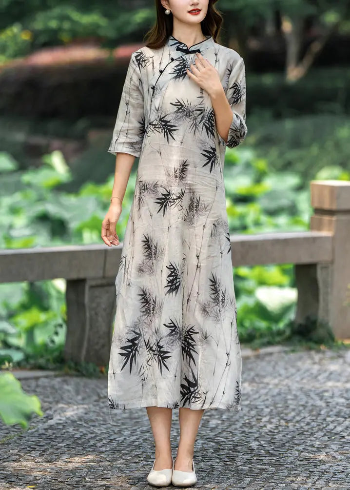 New Light Grey Stand Collar Button Print Linen Dresses Half Sleeve Ada Fashion