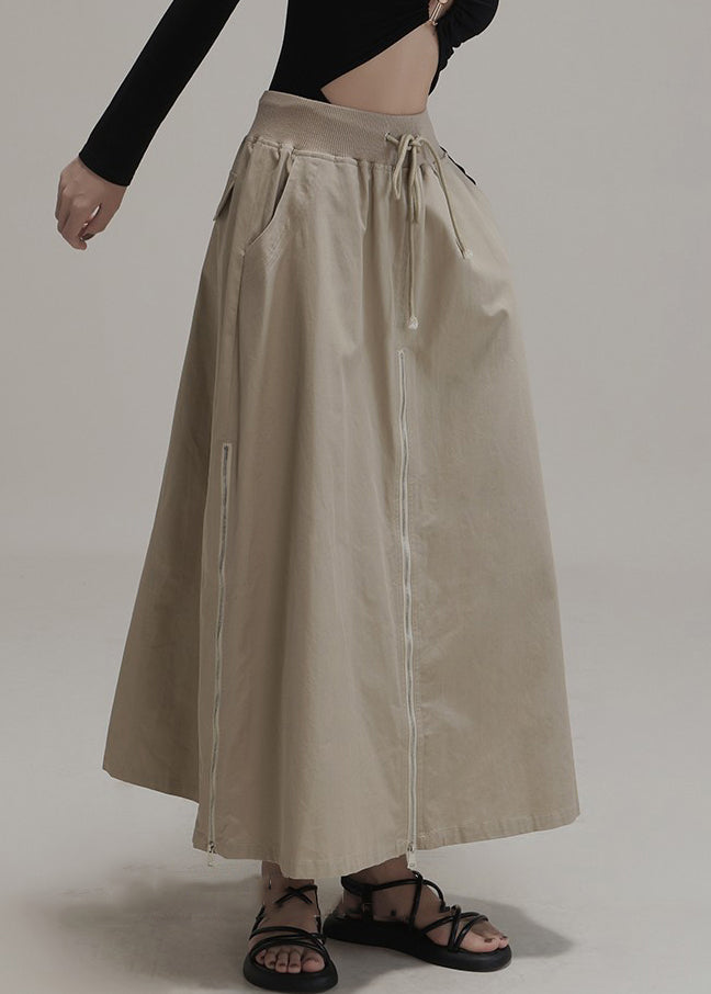 New Light Khaki Zip Up Lace Up Pockets Cotton Skirts Spring Ada Fashion
