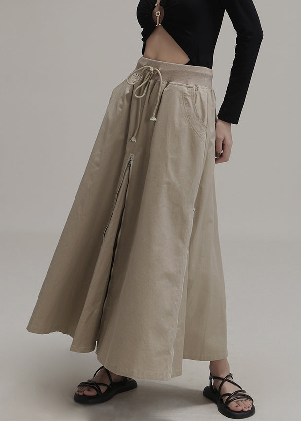 New Light Khaki Zip Up Lace Up Pockets Cotton Skirts Spring Ada Fashion