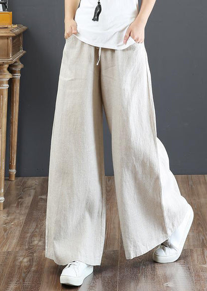 New Linen Pockets Solid Elastic Waist Linen Wide Leg Pants Fall QA029