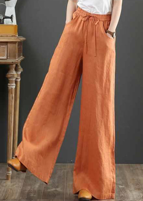 New Linen Pockets Solid Elastic Waist Linen Wide Leg Pants Fall QA029