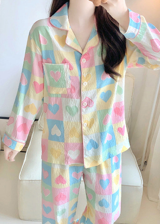 Set Heart Loving Piece Pajamas Plaid Two New Pockets Cotton Fall