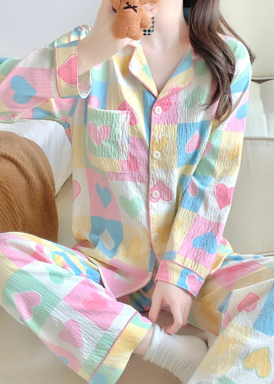 Set Heart Loving Piece Pajamas Plaid Two New Pockets Cotton Fall
