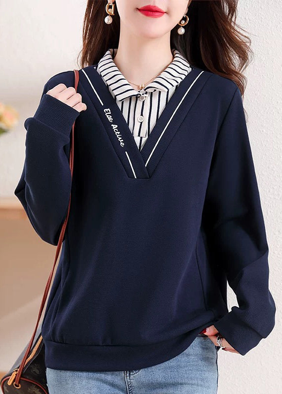 New Navy Peter Pan Collar Patchwork False Two Pieces Cotton Top Fall QA049