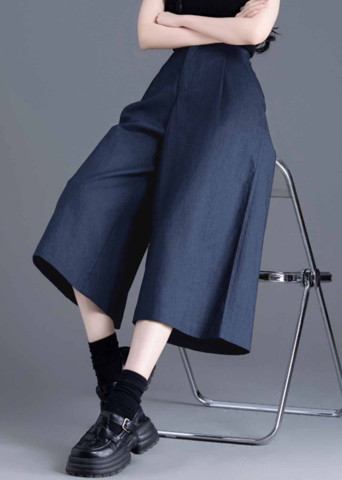 Pants Summer Crop Pockets Elastic Navy New Waist Linen