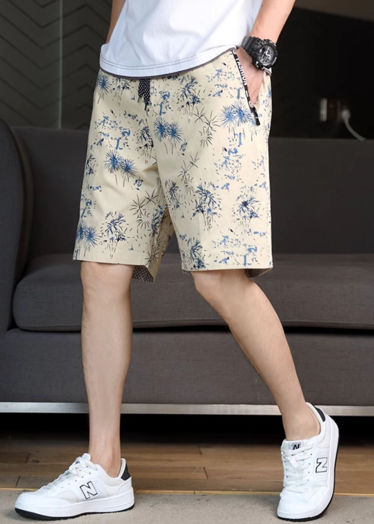 Navy Print Waist Cotton Men Shorts Summer Elastic New