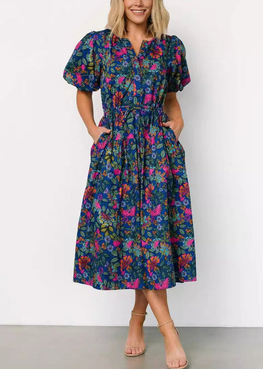 New Navy Print Lace Up Pockets Cotton Dresses Summer AU1027