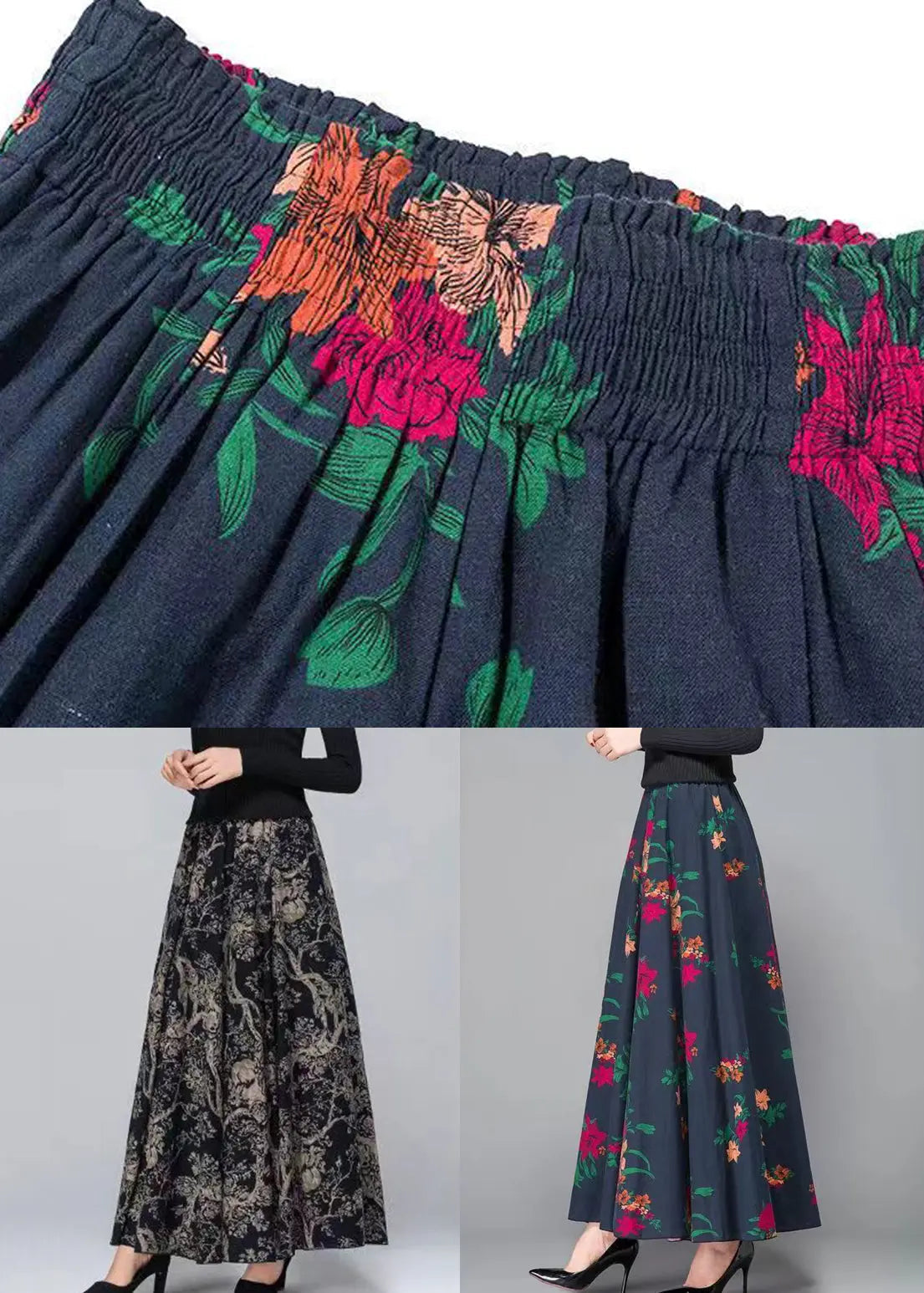 New Navy Print Pockets Patchwork Cotton Skirts Fall Ada Fashion