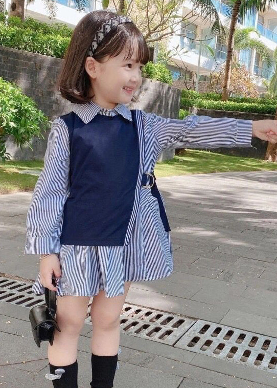 New Navy Waistcoat And Striped Dresses Cotton Girls Two Pieces Set Fall XZ079