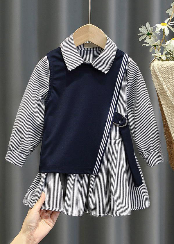 New Navy Waistcoat And Striped Dresses Cotton Girls Two Pieces Set Fall XZ079