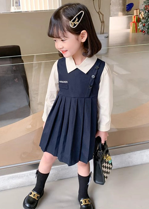 New Navy Wrinkled False Two Pieces Cotton Girls Dresses Fall XZ020