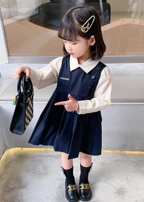 New Navy Wrinkled False Two Pieces Cotton Girls Dresses Fall XZ020