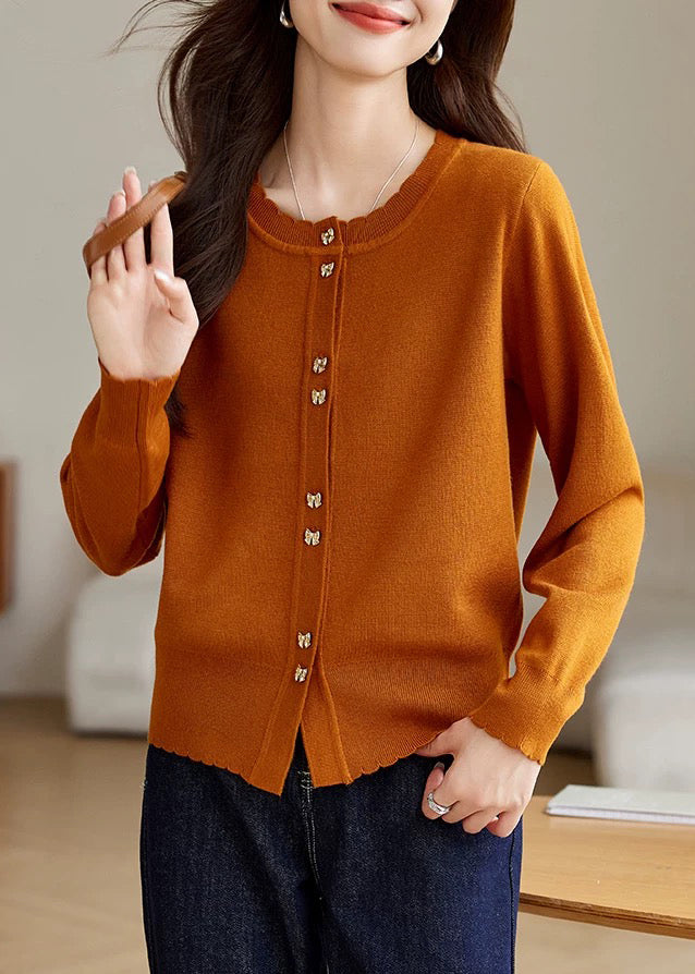 New Orange O Neck Button Cozy Wool Knit Coat Fall QV062