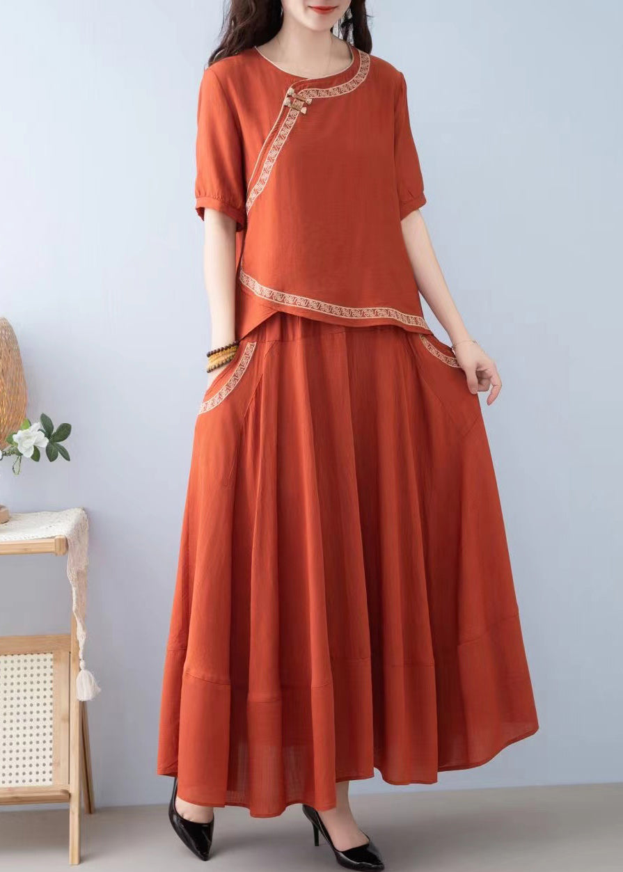 New Orange O Neck Pockets Linen Two-Piece Set Summer RE032