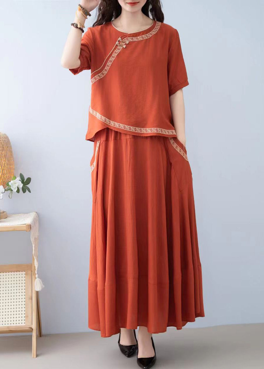 New Orange O Neck Pockets Linen Two-Piece Set Summer RE032