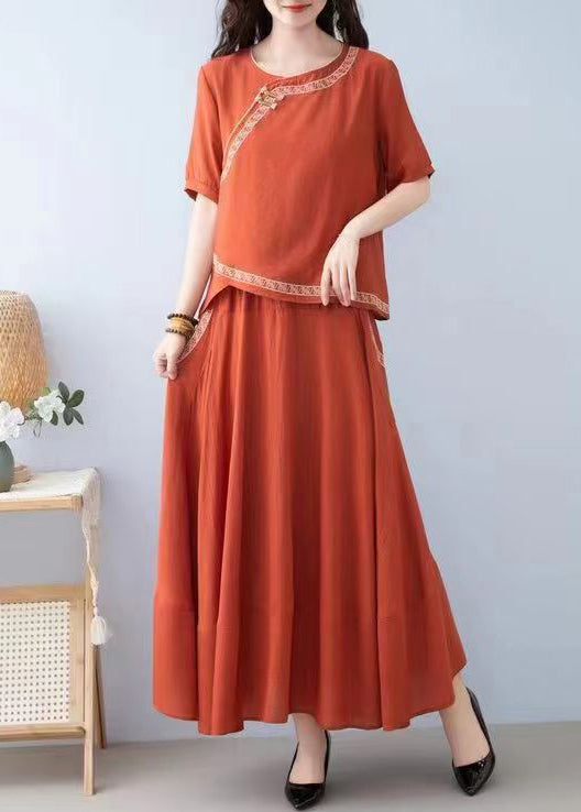 New Orange O Neck Pockets Linen Two-Piece Set Summer RE032